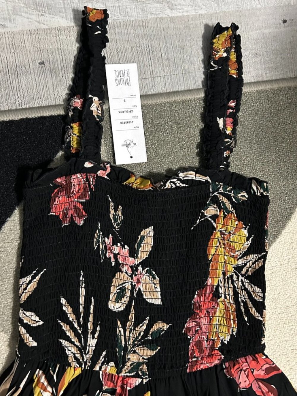 NWT Patrons of Peace Black Tropical Floral Smocked Wide Leg Jumpsuit Women's S - Picture 2 of 11